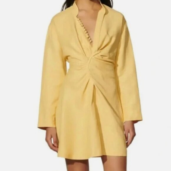 Sandro Paris Womens Butter Yellow Ruched Front Long Sleeve Dress Size FR 36/US S - Picture 1 of 15